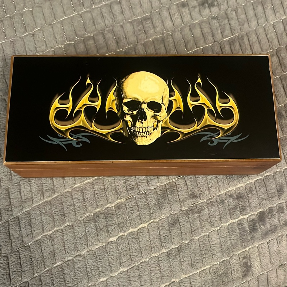 Skull with flames cedar box.
